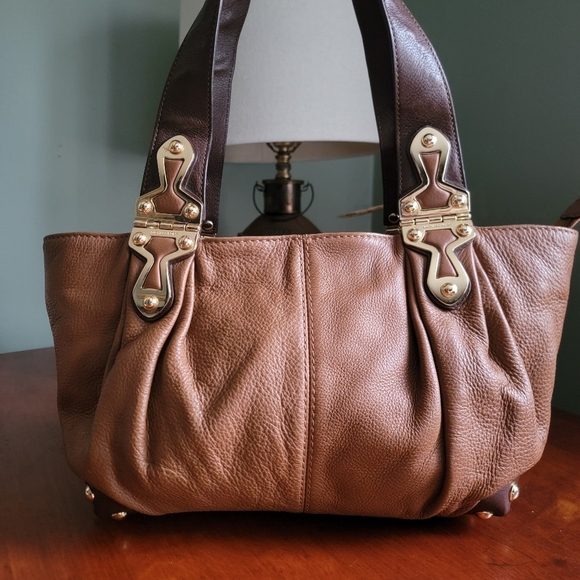 Michael Kors Joplin Satchel in Tan & Brown Leather with Gold-tone Hardware - Picture 1 of 16